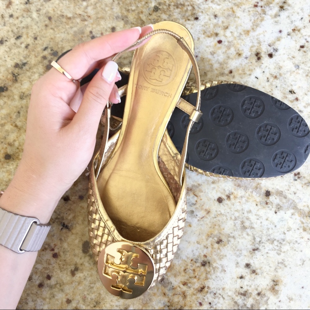 Tory Burch woven gold flats.